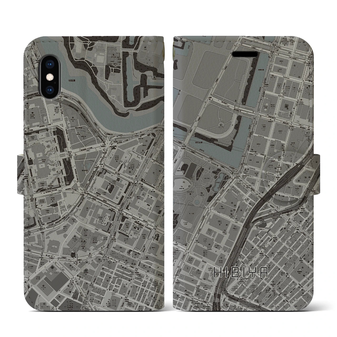 【日比谷(東京都)】地図柄iPhoneケース(手帳タイプ)モノトーン・iPhone XS / X 用