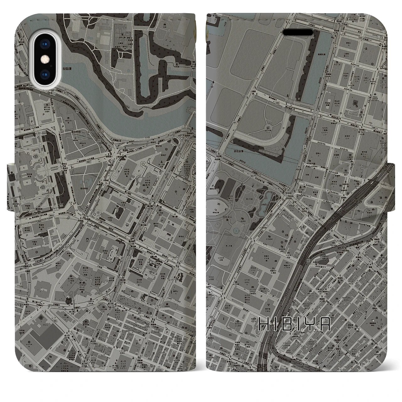 【日比谷(東京都)】地図柄iPhoneケース(手帳タイプ)モノトーン・iPhone XS Max 用