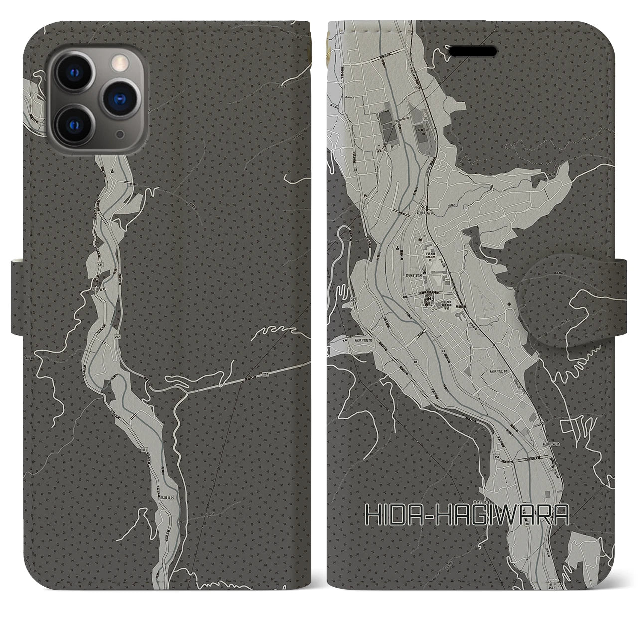 【飛騨萩原(岐阜県)】地図柄iPhoneケース(手帳タイプ)モノトーン・iPhone 11 Pro Max 用