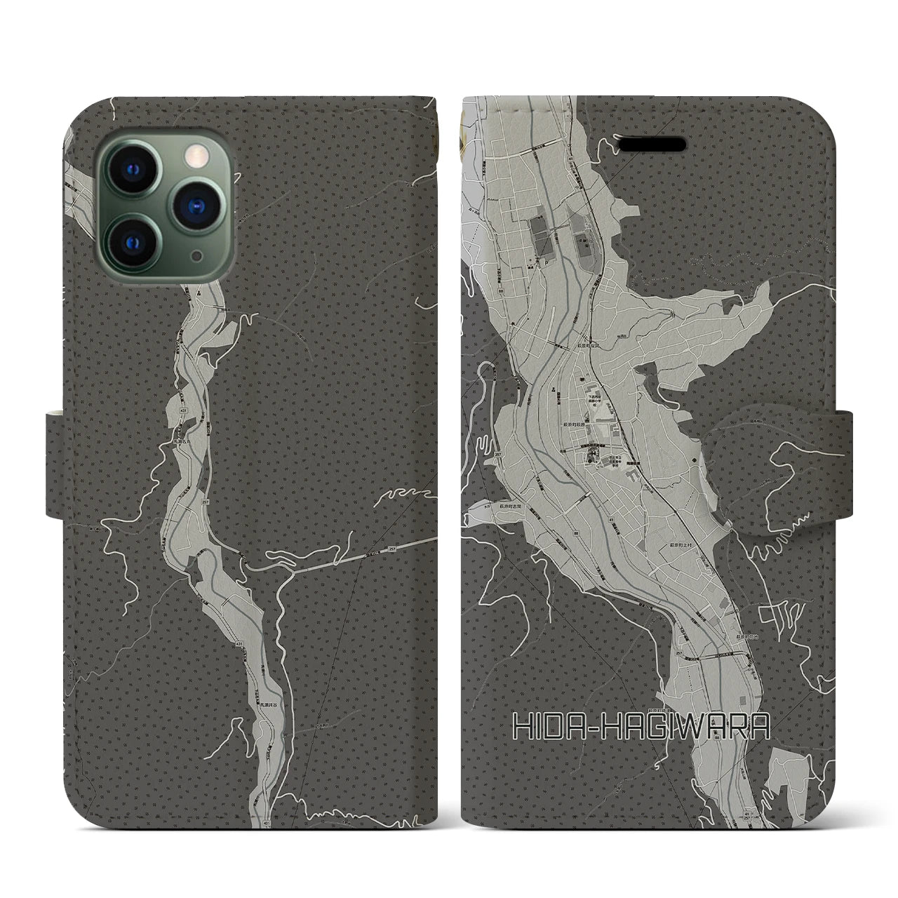 【飛騨萩原(岐阜県)】地図柄iPhoneケース(手帳タイプ)モノトーン・iPhone 11 Pro 用
