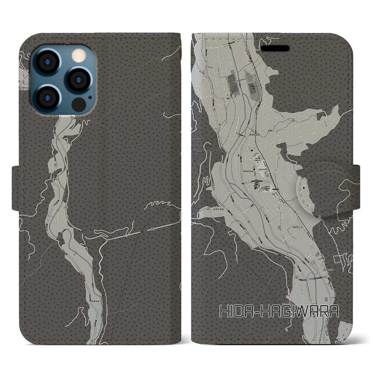 【飛騨萩原(岐阜県)】地図柄iPhoneケース(手帳タイプ)モノトーン・iPhone 12 / 12 Pro 用