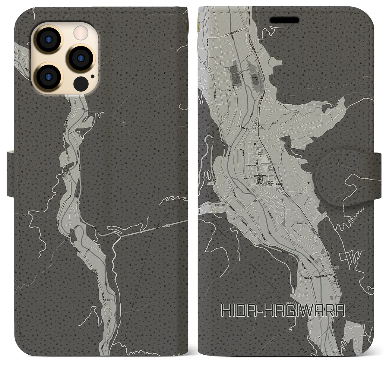 【飛騨萩原(岐阜県)】地図柄iPhoneケース(手帳タイプ)モノトーン・iPhone 12 Pro Max 用