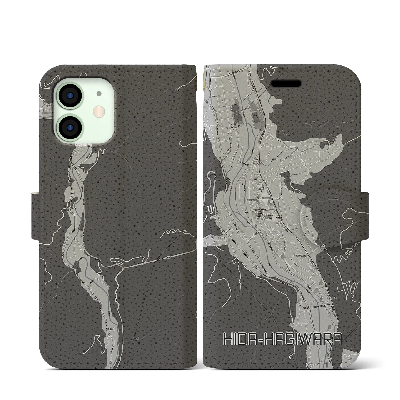 【飛騨萩原(岐阜県)】地図柄iPhoneケース(手帳タイプ)モノトーン・iPhone 12 mini 用