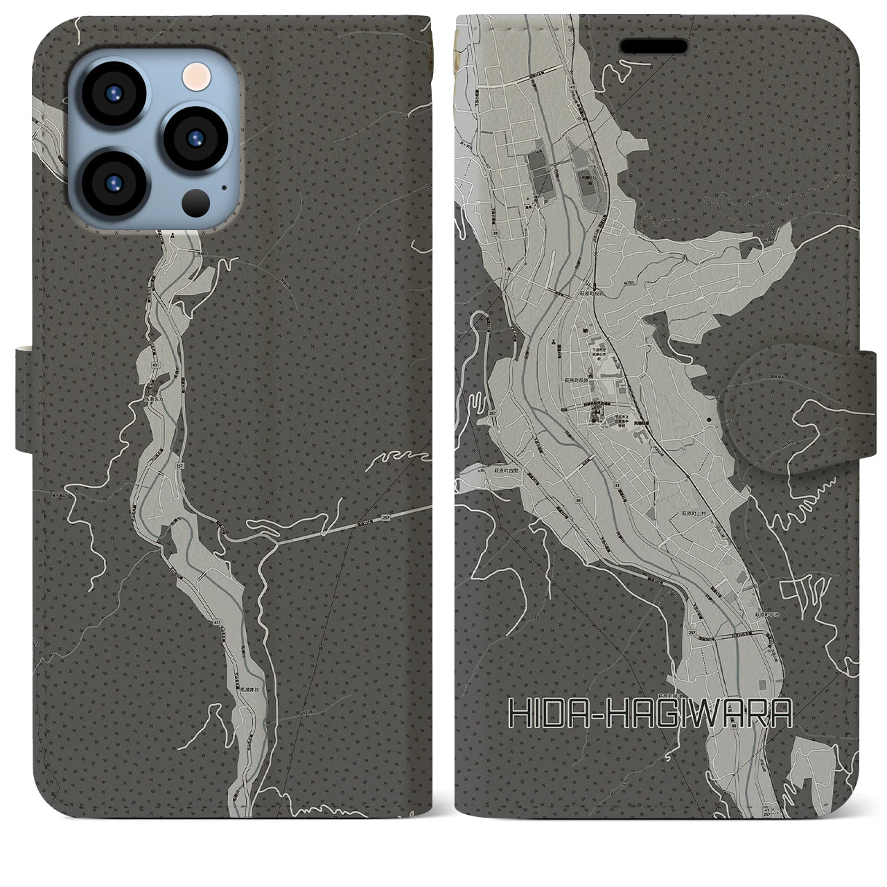 【飛騨萩原(岐阜県)】地図柄iPhoneケース(手帳タイプ)モノトーン・iPhone 13 Pro Max 用