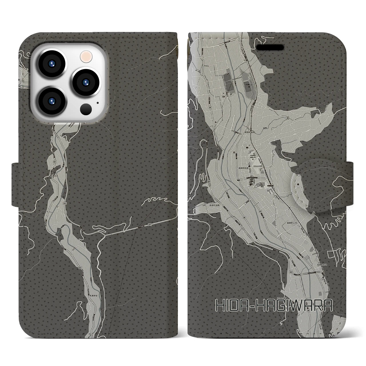 【飛騨萩原(岐阜県)】地図柄iPhoneケース(手帳タイプ)モノトーン・iPhone 13 Pro 用