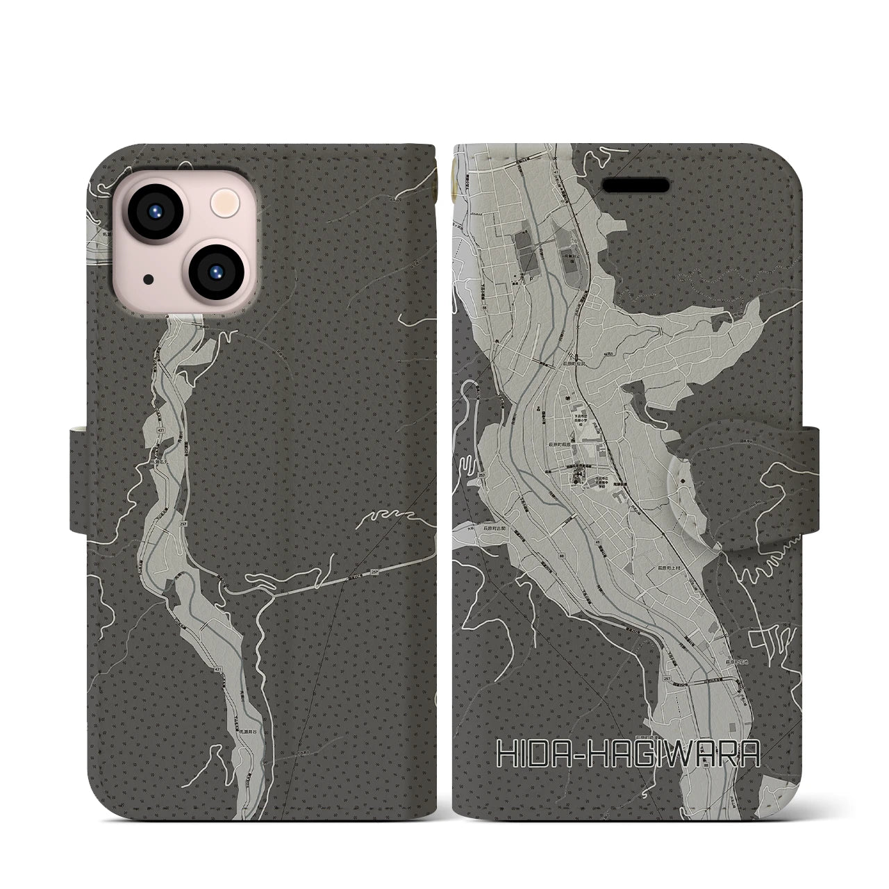 【飛騨萩原(岐阜県)】地図柄iPhoneケース(手帳タイプ)モノトーン・iPhone 13 mini 用