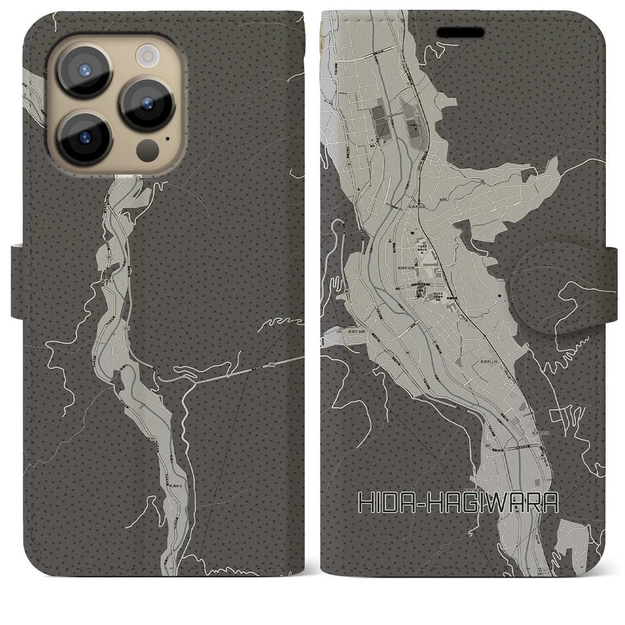 【飛騨萩原(岐阜県)】地図柄iPhoneケース(手帳タイプ)モノトーン・iPhone 14 Pro Max 用