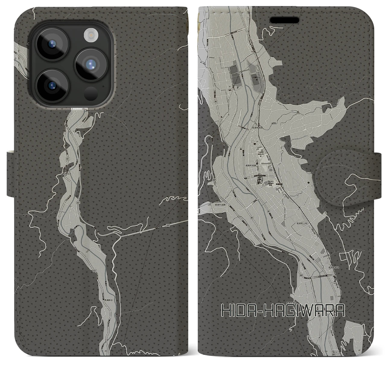 【飛騨萩原(岐阜県)】地図柄iPhoneケース(手帳タイプ)モノトーン・iPhone 15 Pro Max 用