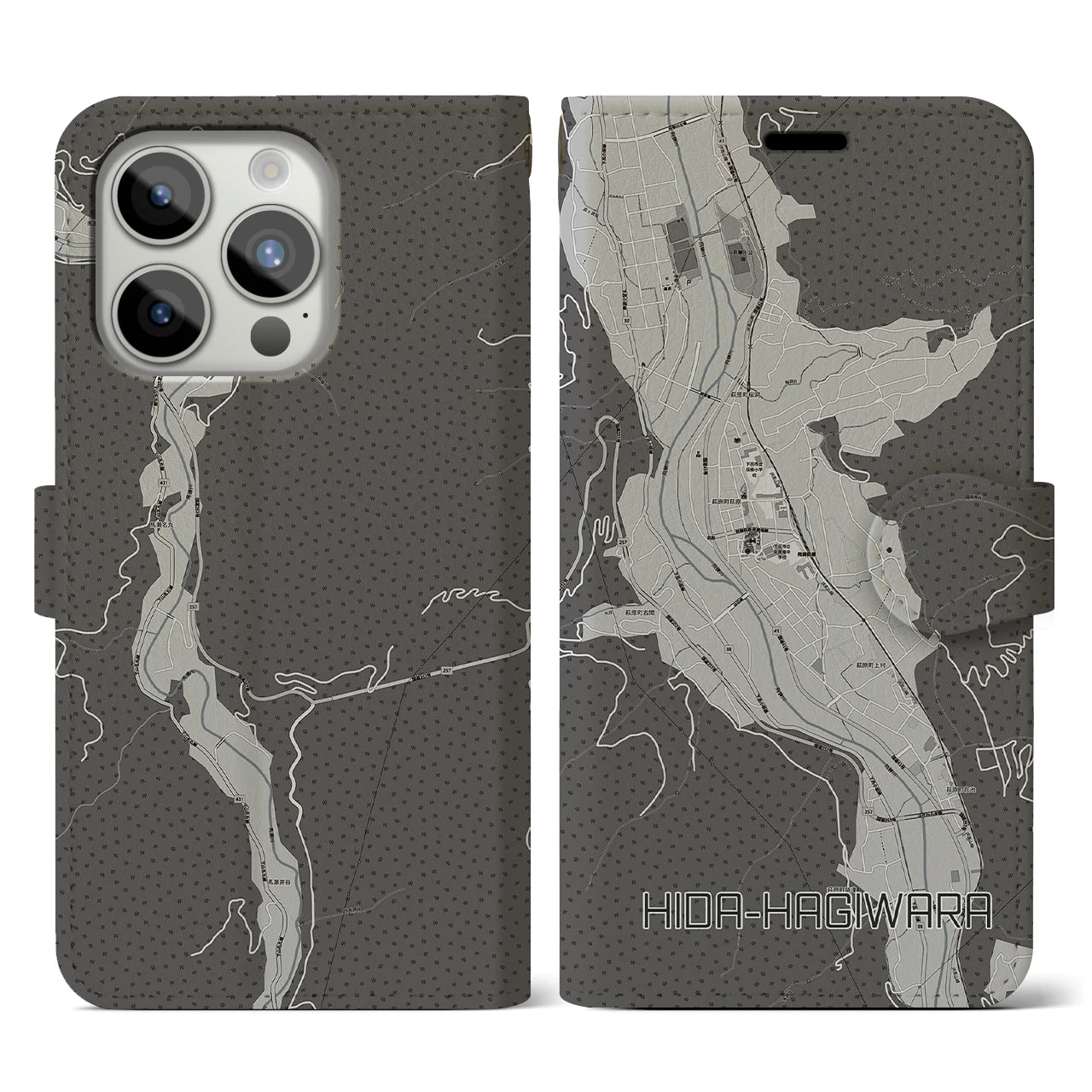 【飛騨萩原(岐阜県)】地図柄iPhoneケース(手帳タイプ)モノトーン・iPhone 15 Pro 用