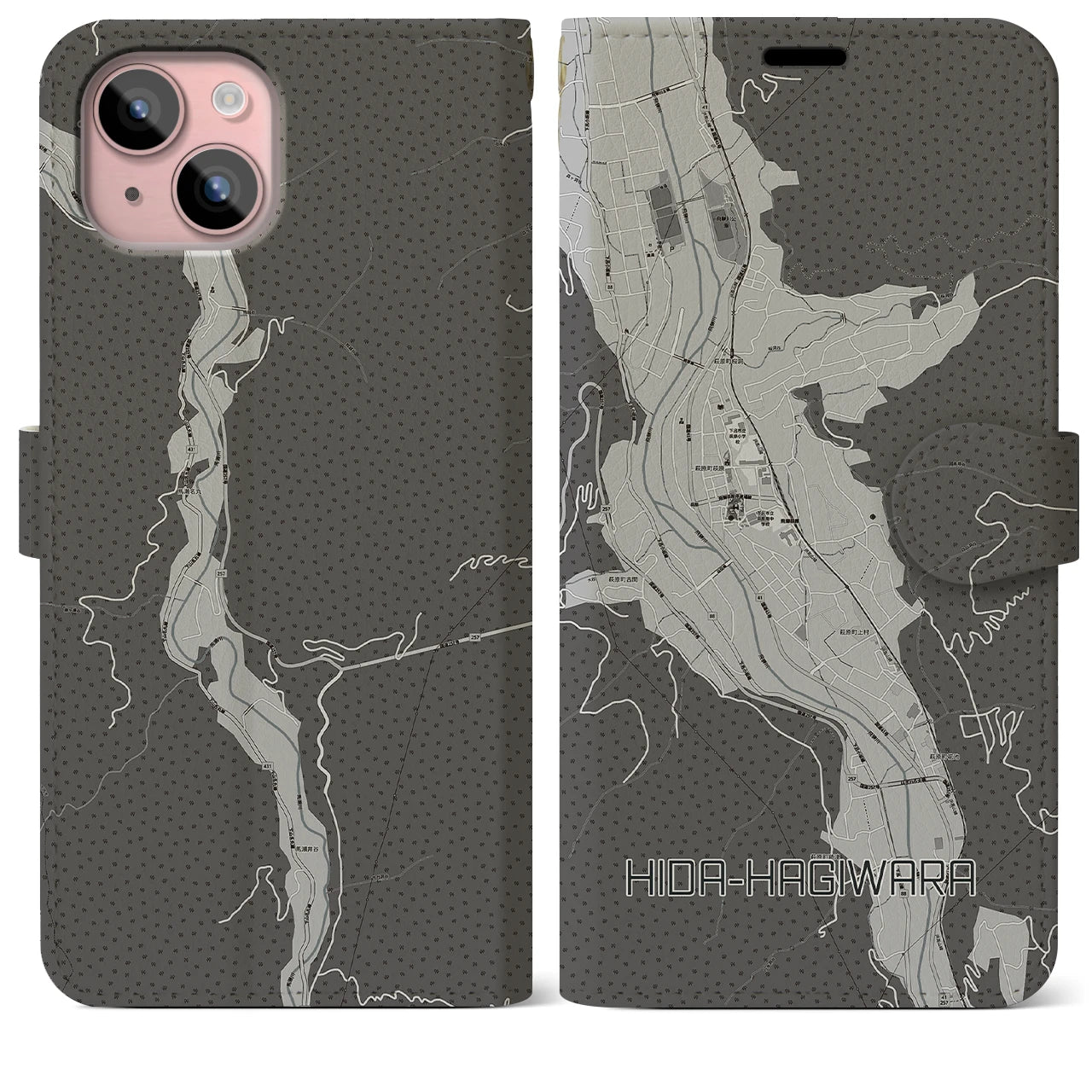 【飛騨萩原(岐阜県)】地図柄iPhoneケース(手帳タイプ)モノトーン・iPhone 15 Plus 用