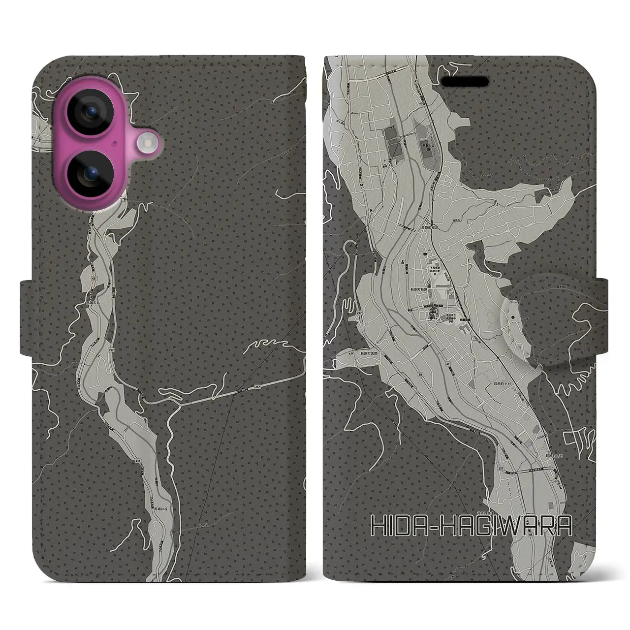 【飛騨萩原(岐阜県)】地図柄iPhoneケース(手帳タイプ)モノトーン・iPhone 16 Pro 用