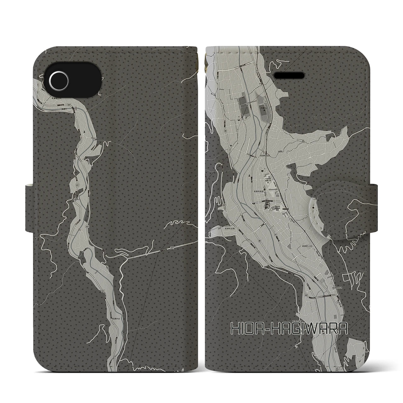 【飛騨萩原(岐阜県)】地図柄iPhoneケース(手帳タイプ)モノトーン・iPhone SE(第3 / 第2世代) / 8 / 7 / 6s / 6 用