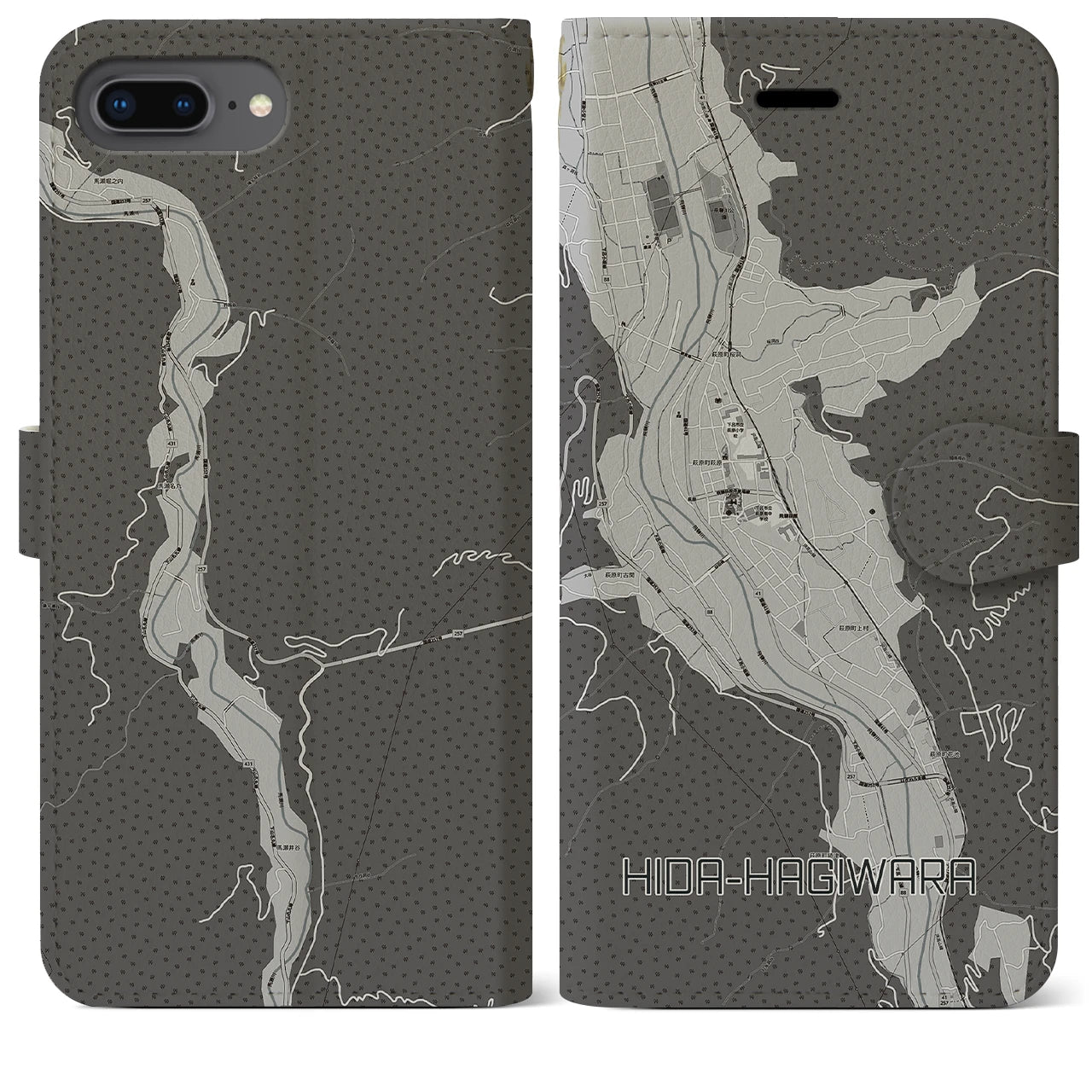 【飛騨萩原(岐阜県)】地図柄iPhoneケース(手帳タイプ)モノトーン・iPhone 8Plus /7Plus / 6sPlus / 6Plus 用