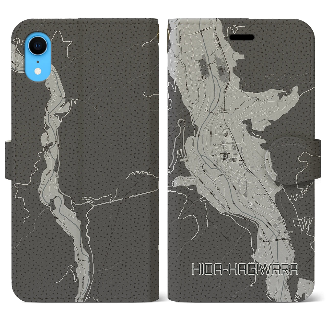 【飛騨萩原(岐阜県)】地図柄iPhoneケース(手帳タイプ)モノトーン・iPhone XR 用