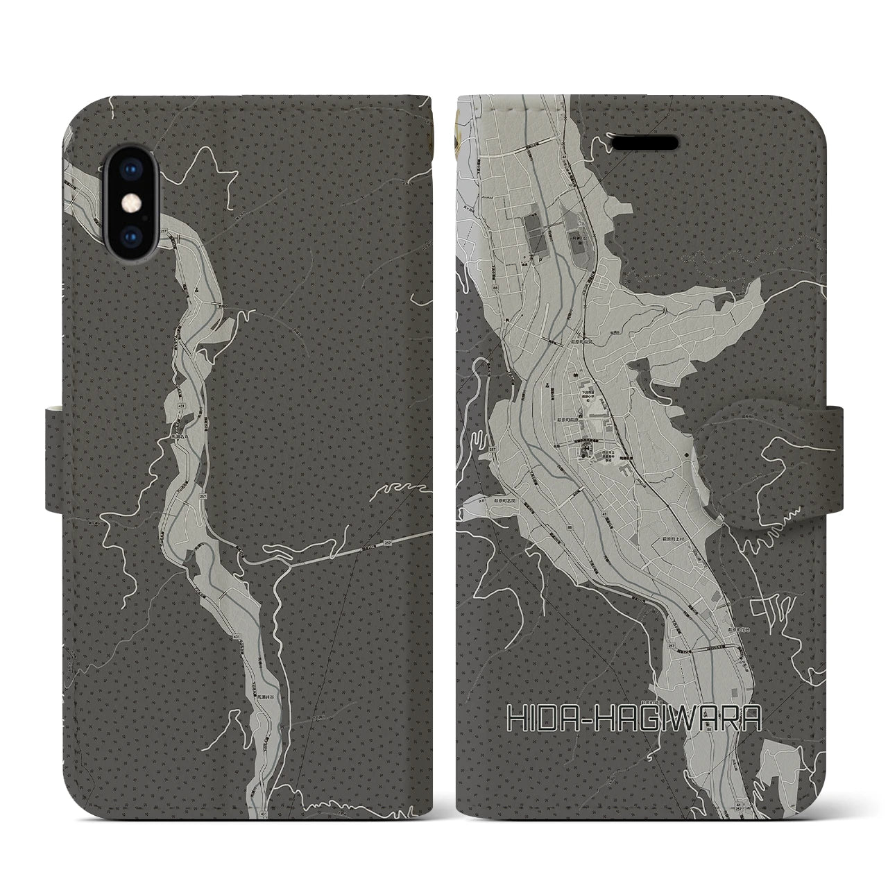 【飛騨萩原(岐阜県)】地図柄iPhoneケース(手帳タイプ)モノトーン・iPhone XS / X 用