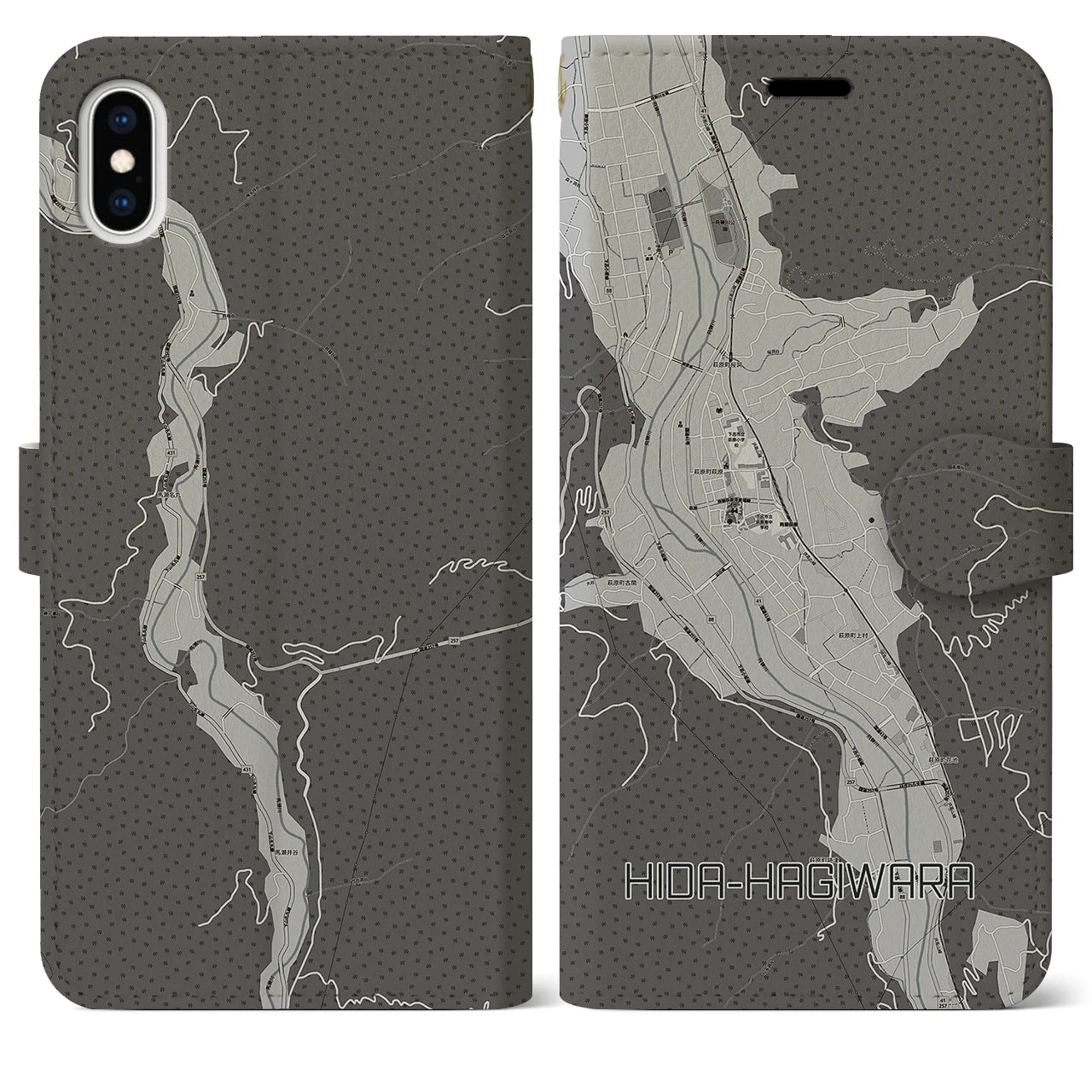 【飛騨萩原(岐阜県)】地図柄iPhoneケース(手帳タイプ)モノトーン・iPhone XS Max 用