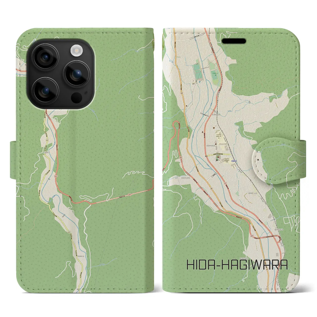 【飛騨萩原(岐阜県)】地図柄iPhoneケース(手帳タイプ)ナチュラル・iPhone 16 用