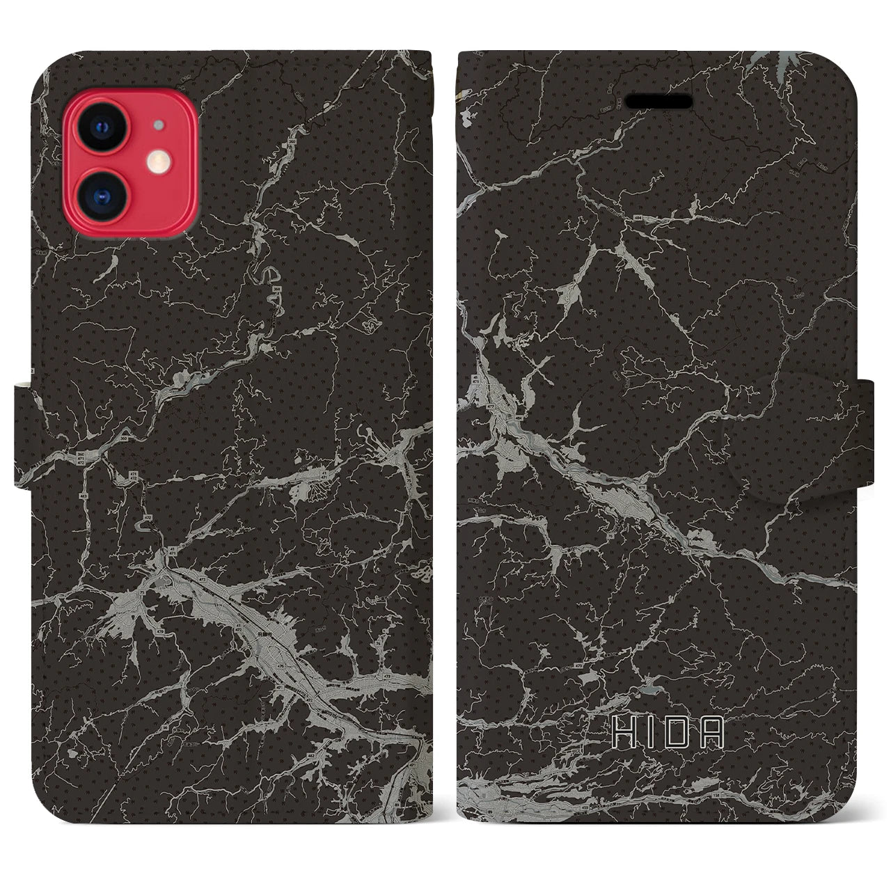 【飛騨(岐阜県)】地図柄iPhoneケース(手帳タイプ)モノトーン・iPhone 11 用