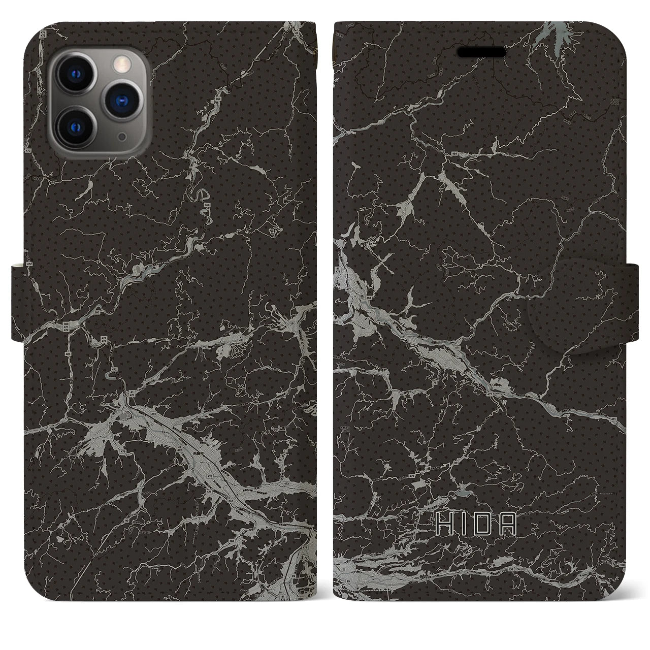 【飛騨(岐阜県)】地図柄iPhoneケース(手帳タイプ)モノトーン・iPhone 11 Pro Max 用