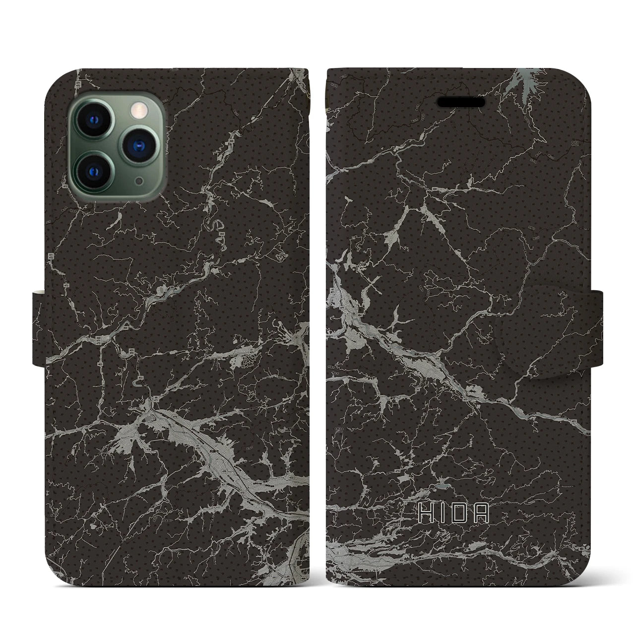 【飛騨(岐阜県)】地図柄iPhoneケース(手帳タイプ)モノトーン・iPhone 11 Pro 用