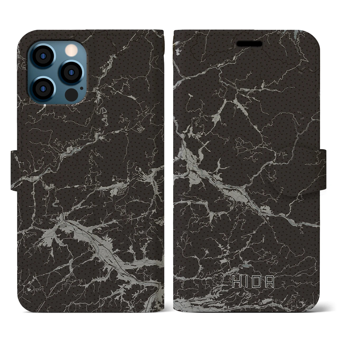 【飛騨(岐阜県)】地図柄iPhoneケース(手帳タイプ)モノトーン・iPhone 12 / 12 Pro 用