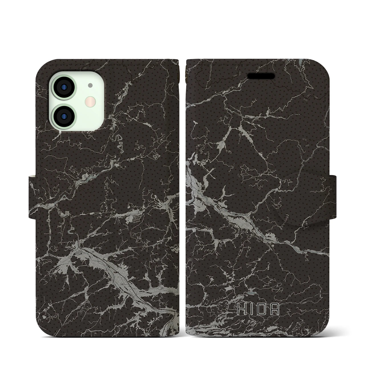 【飛騨(岐阜県)】地図柄iPhoneケース(手帳タイプ)モノトーン・iPhone 12 mini 用