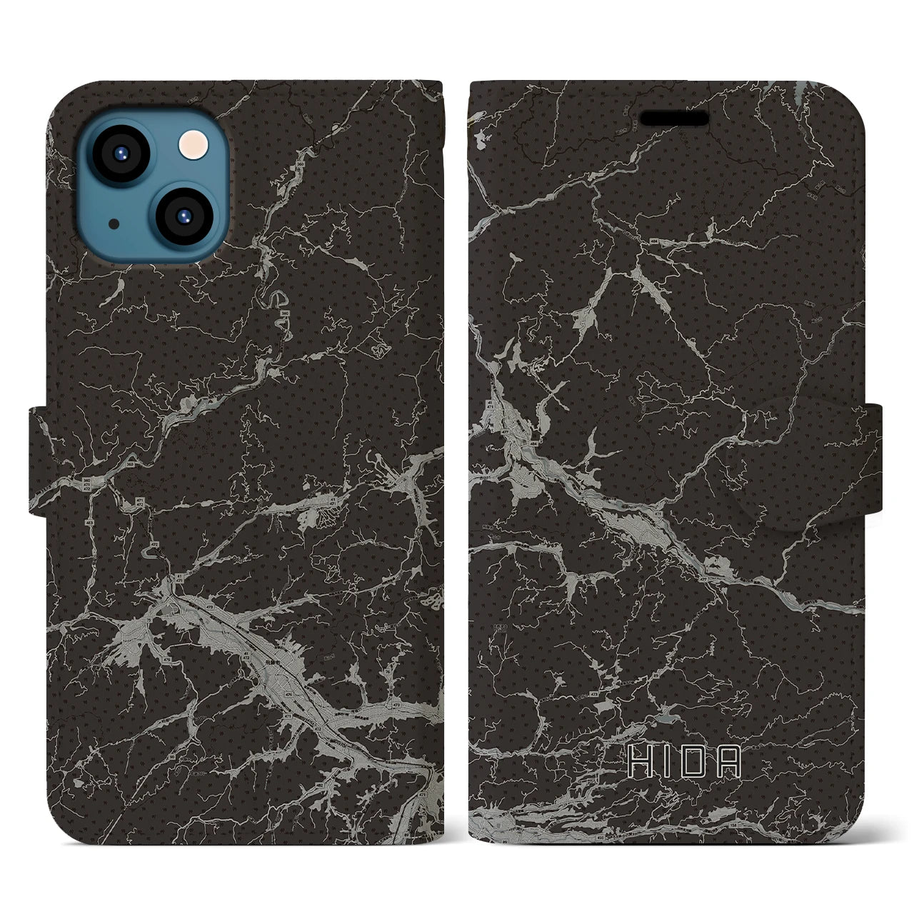 【飛騨(岐阜県)】地図柄iPhoneケース(手帳タイプ)モノトーン・iPhone 13 用