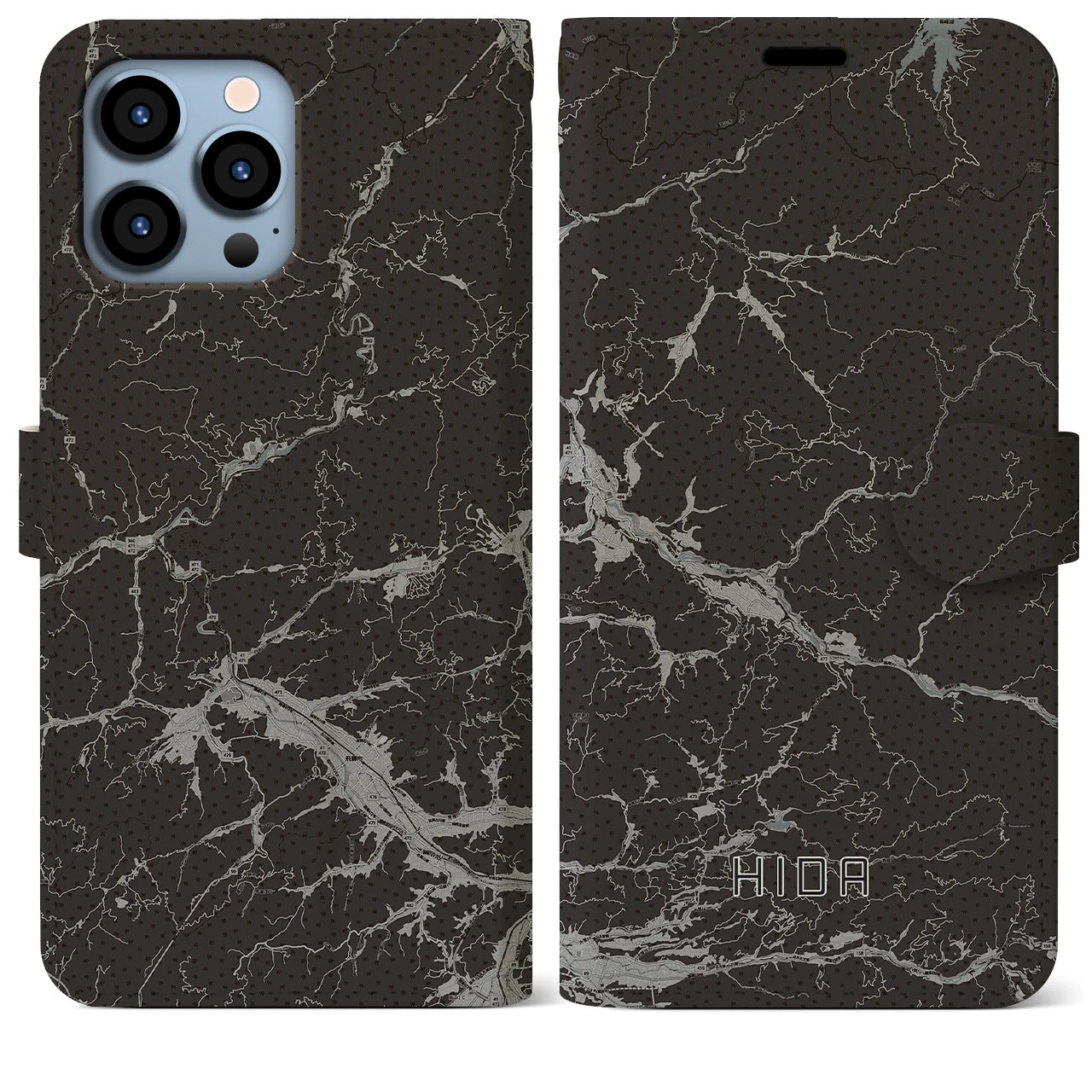 【飛騨(岐阜県)】地図柄iPhoneケース(手帳タイプ)モノトーン・iPhone 13 Pro Max 用