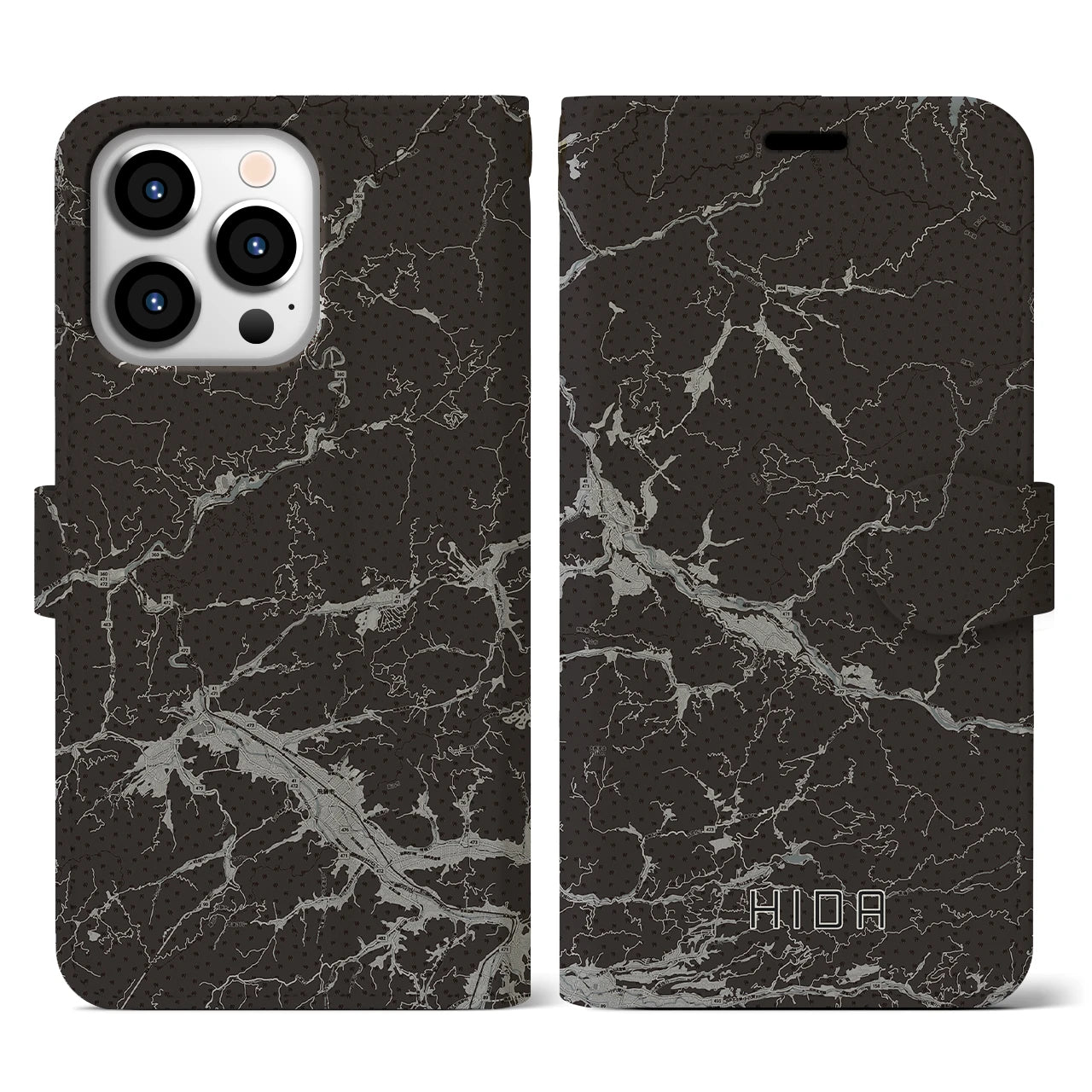 【飛騨(岐阜県)】地図柄iPhoneケース(手帳タイプ)モノトーン・iPhone 13 Pro 用