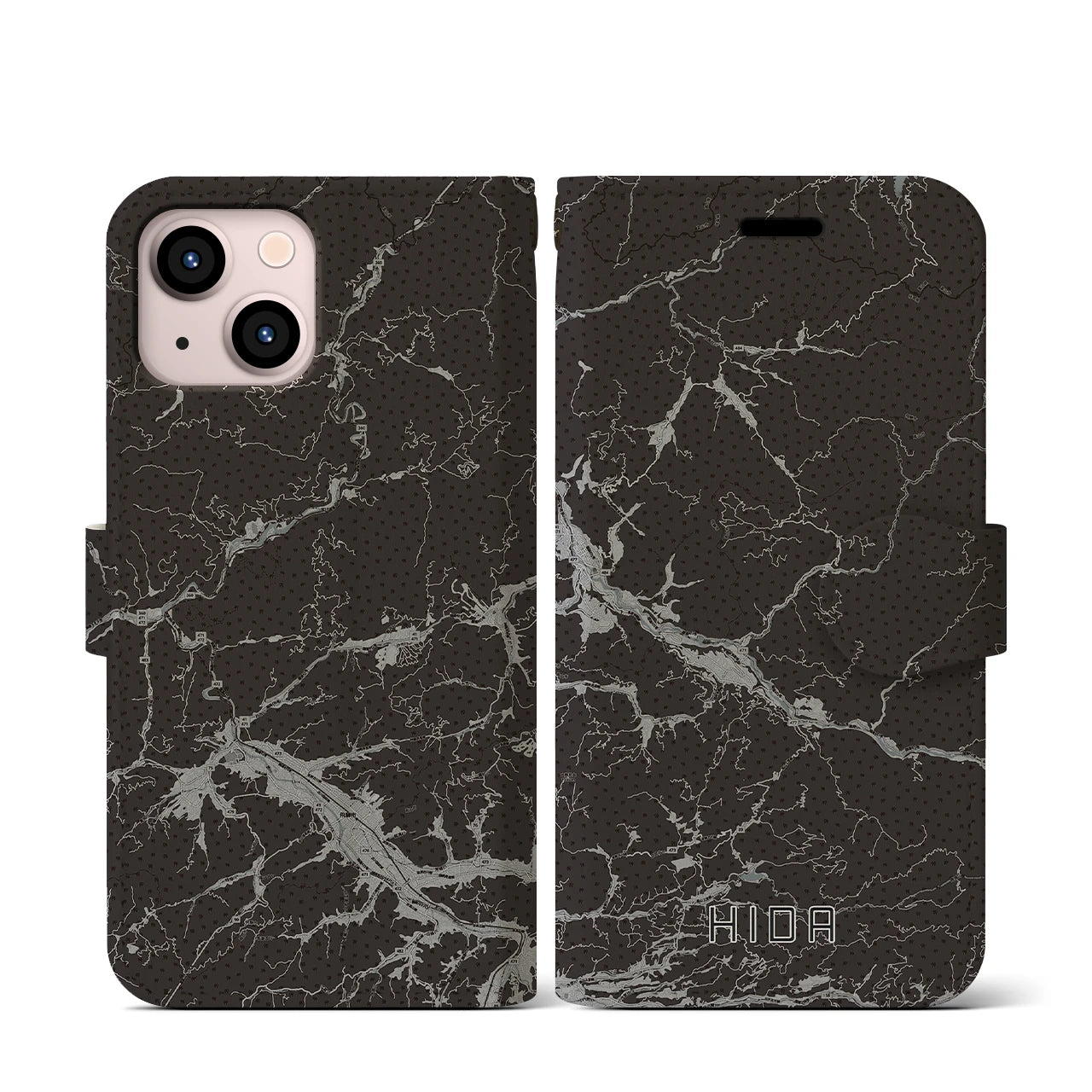 【飛騨(岐阜県)】地図柄iPhoneケース(手帳タイプ)モノトーン・iPhone 13 mini 用