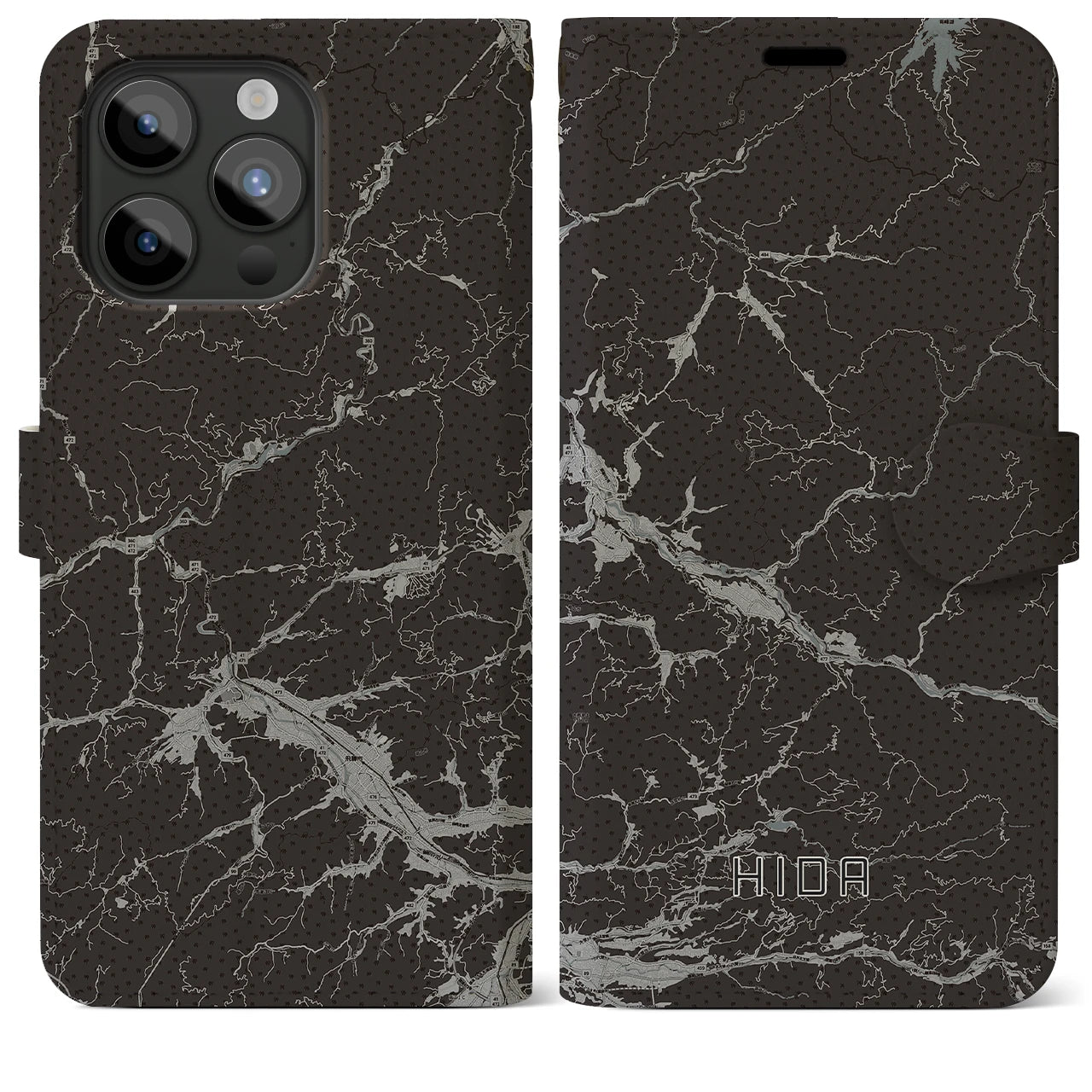 【飛騨(岐阜県)】地図柄iPhoneケース(手帳タイプ)モノトーン・iPhone 15 Pro Max 用