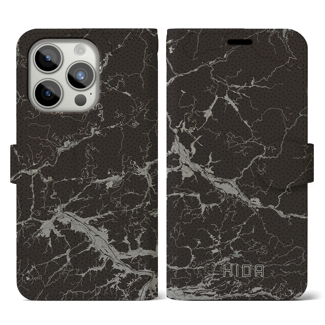 【飛騨(岐阜県)】地図柄iPhoneケース(手帳タイプ)モノトーン・iPhone 15 Pro 用