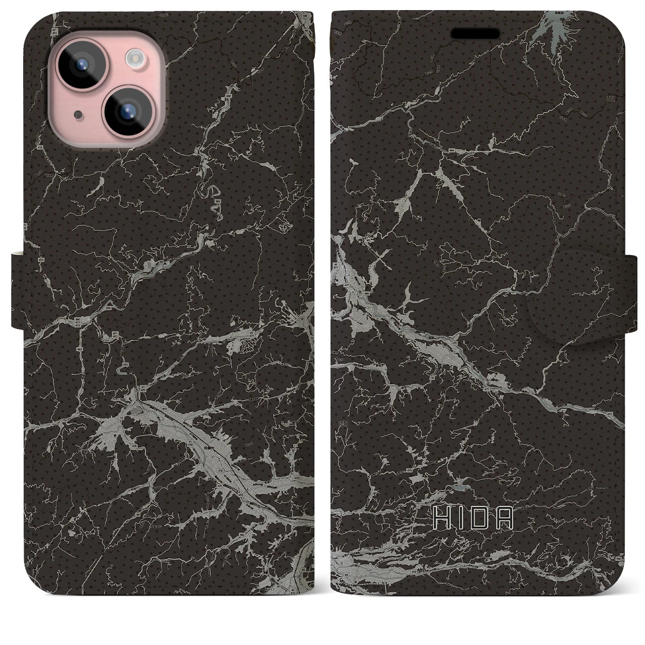 【飛騨(岐阜県)】地図柄iPhoneケース(手帳タイプ)モノトーン・iPhone 15 Plus 用