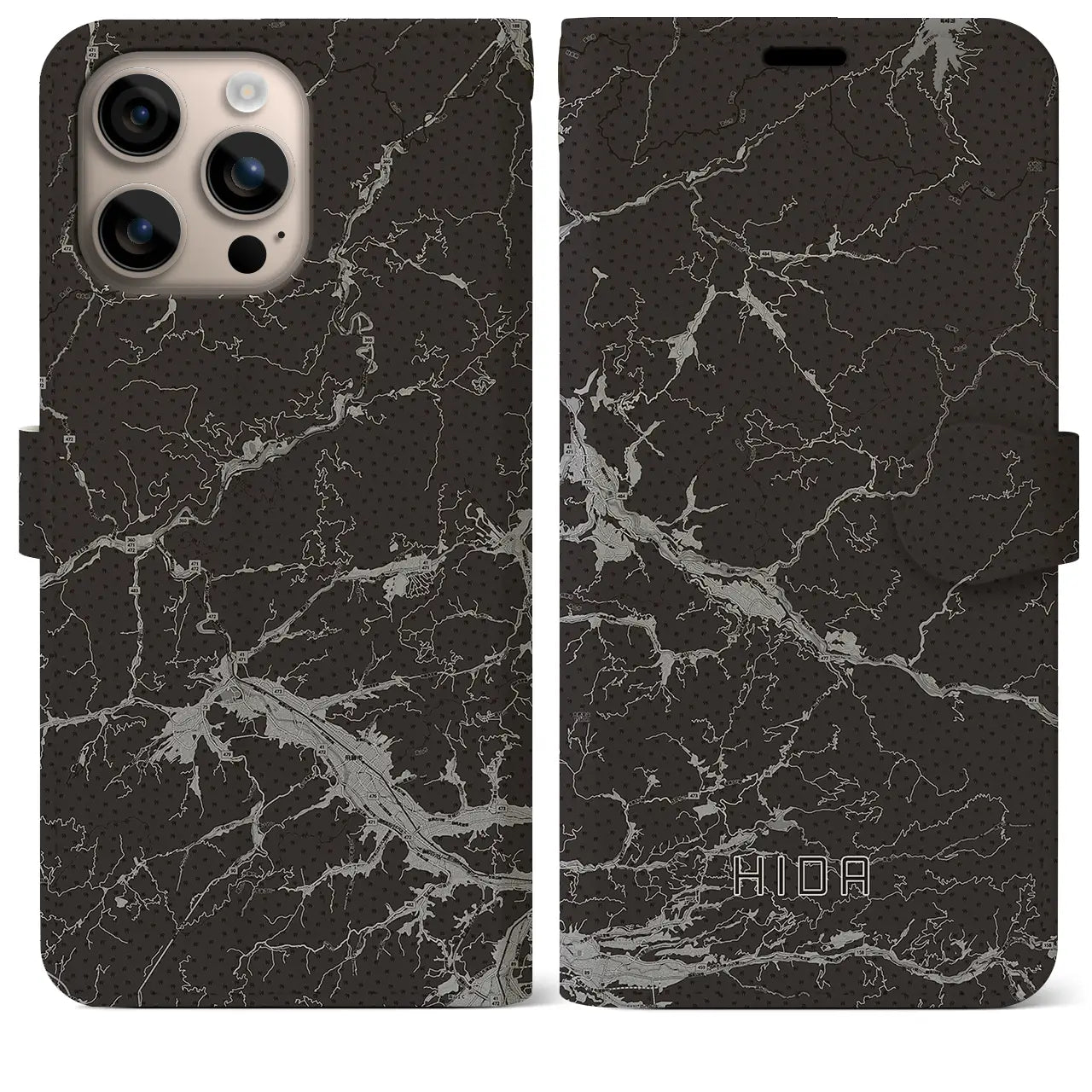 【飛騨(岐阜県)】地図柄iPhoneケース(手帳タイプ)モノトーン・iPhone 16 Plus 用