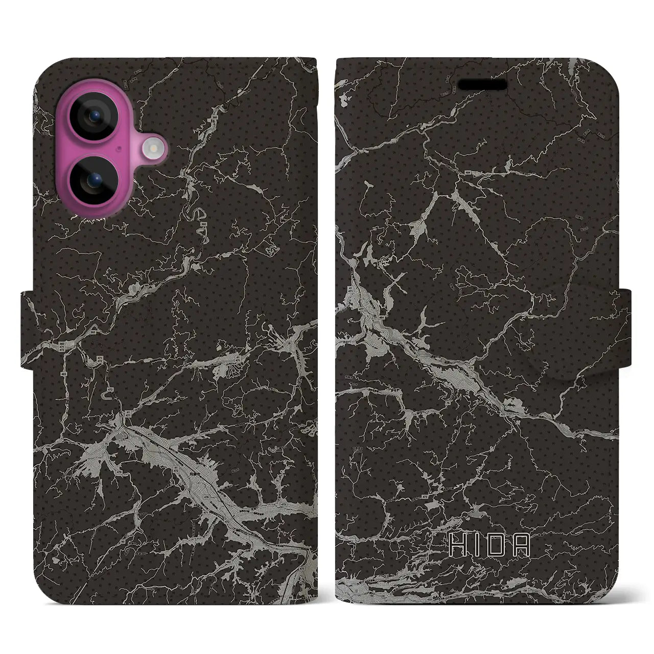 【飛騨(岐阜県)】地図柄iPhoneケース(手帳タイプ)モノトーン・iPhone 16 Pro 用