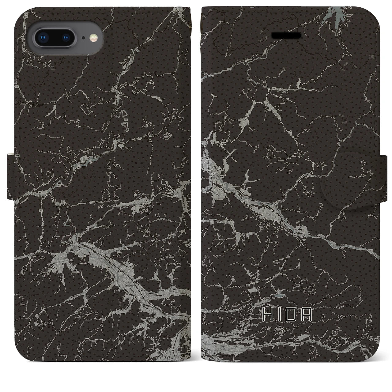 【飛騨(岐阜県)】地図柄iPhoneケース(手帳タイプ)モノトーン・iPhone 8Plus /7Plus / 6sPlus / 6Plus 用