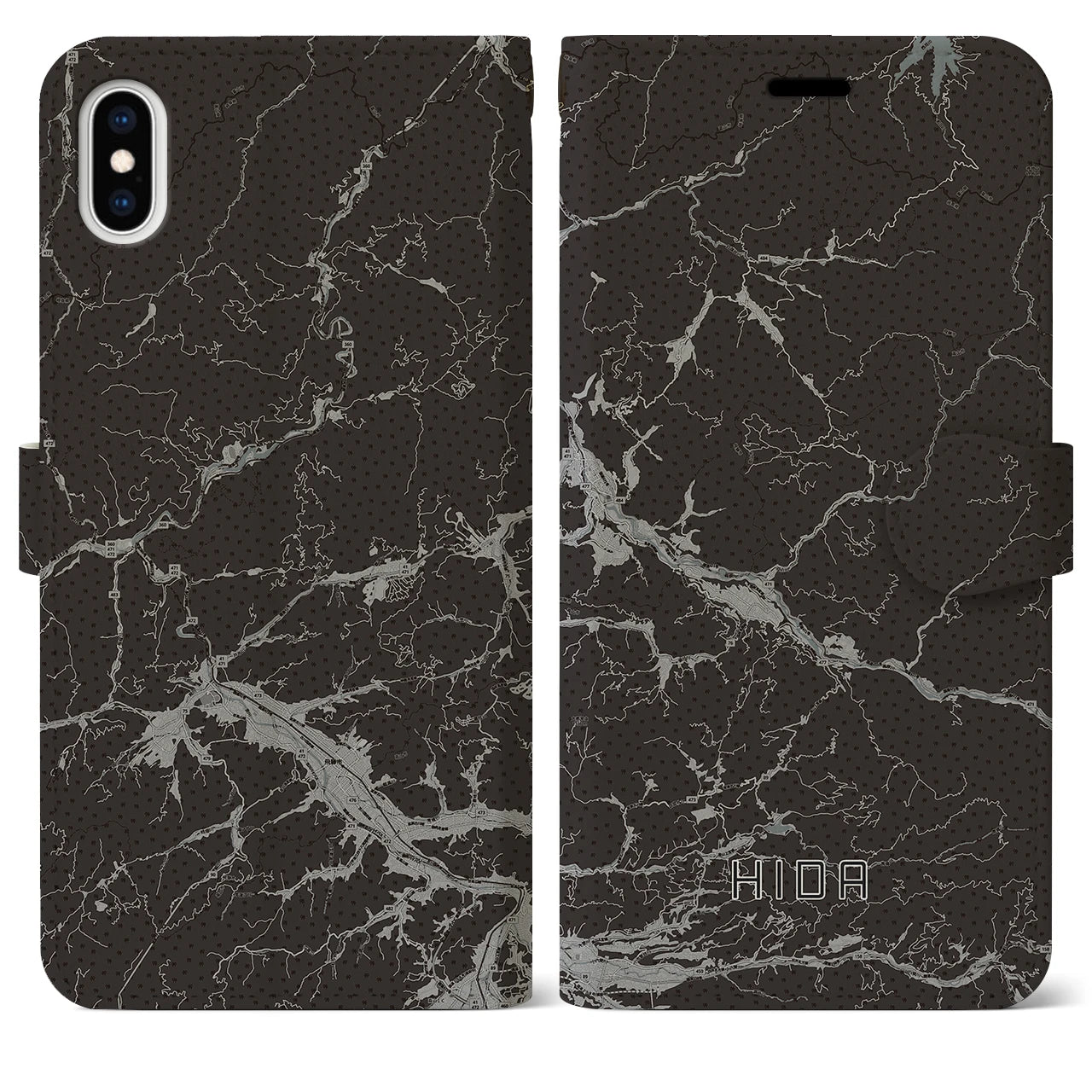 【飛騨(岐阜県)】地図柄iPhoneケース(手帳タイプ)モノトーン・iPhone XS Max 用