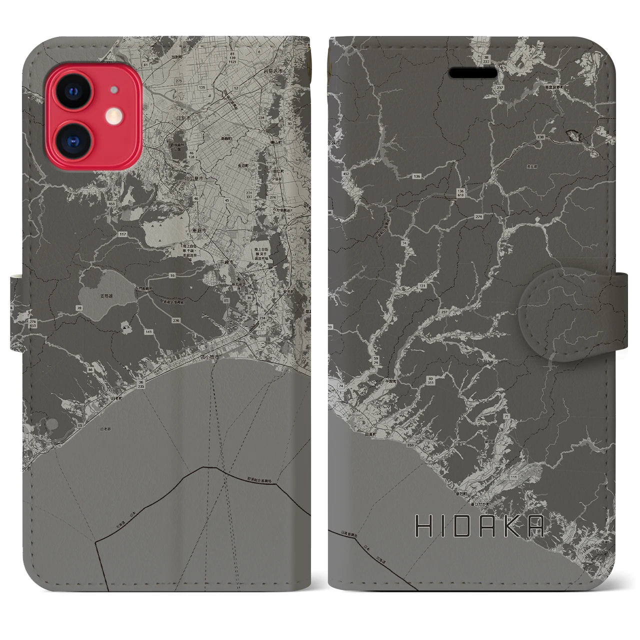 【日高(北海道)】地図柄iPhoneケース(手帳タイプ)モノトーン・iPhone 11 用