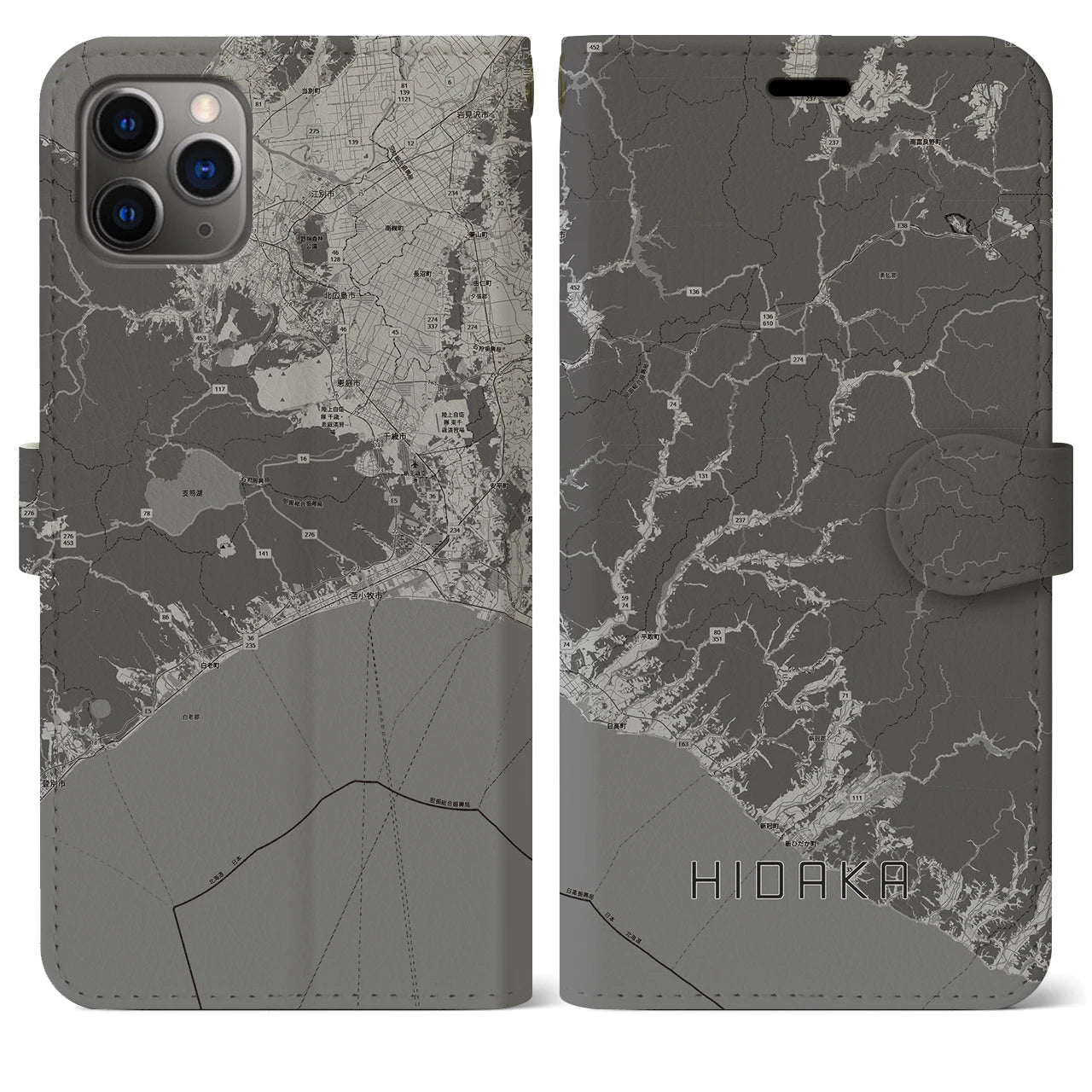 【日高(北海道)】地図柄iPhoneケース(手帳タイプ)モノトーン・iPhone 11 Pro Max 用