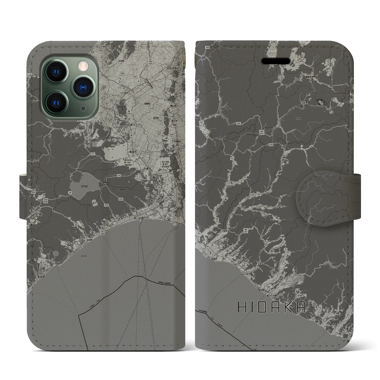 【日高(北海道)】地図柄iPhoneケース(手帳タイプ)モノトーン・iPhone 11 Pro 用