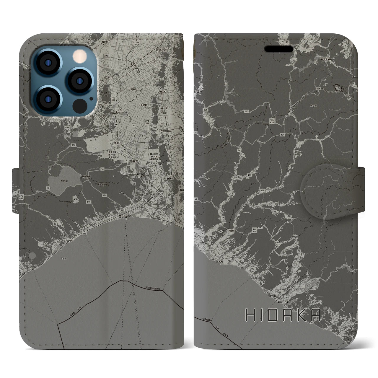 【日高(北海道)】地図柄iPhoneケース(手帳タイプ)モノトーン・iPhone 12 / 12 Pro 用
