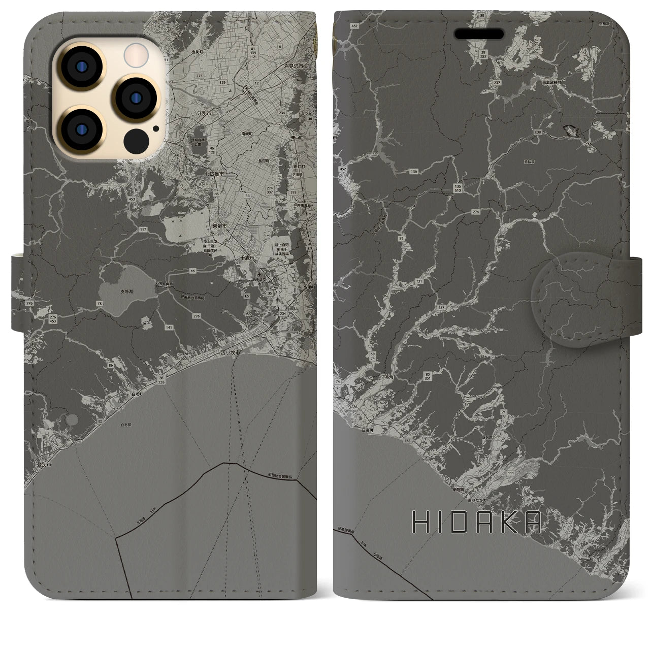 【日高(北海道)】地図柄iPhoneケース(手帳タイプ)モノトーン・iPhone 12 Pro Max 用