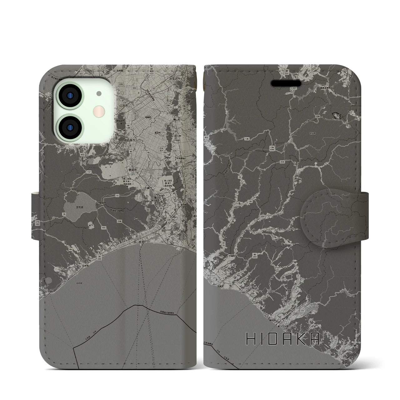 【日高(北海道)】地図柄iPhoneケース(手帳タイプ)モノトーン・iPhone 12 mini 用