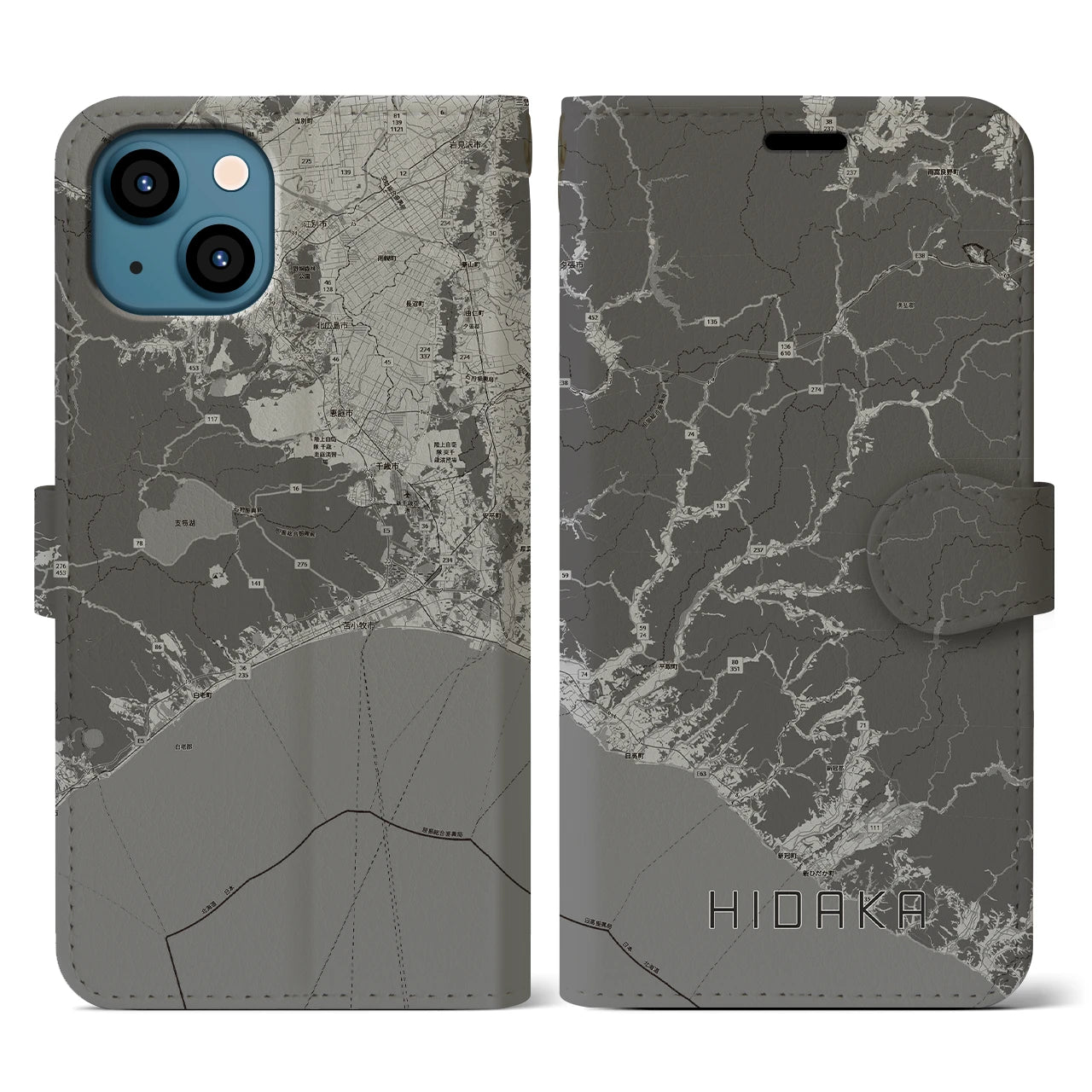 【日高(北海道)】地図柄iPhoneケース(手帳タイプ)モノトーン・iPhone 13 用