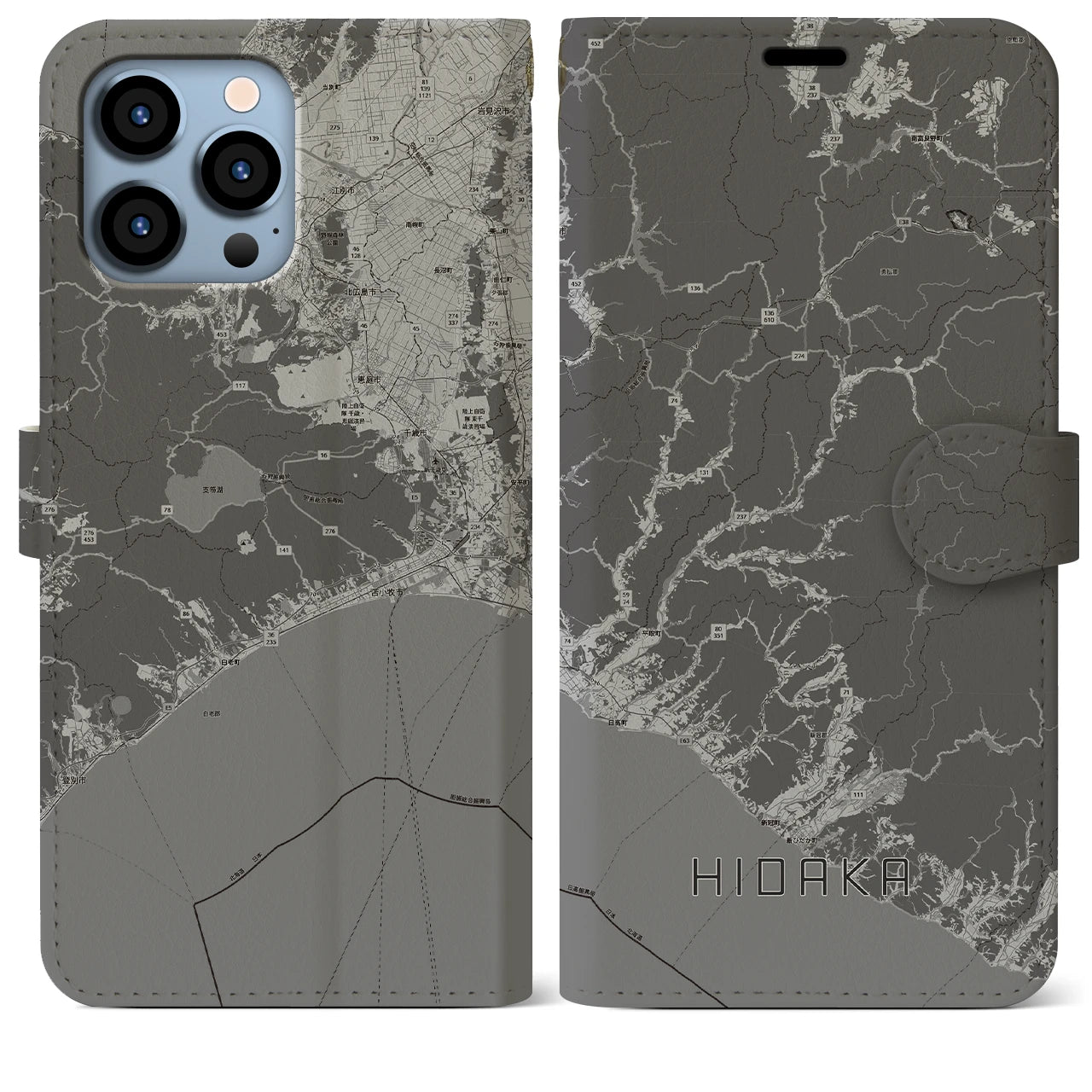 【日高(北海道)】地図柄iPhoneケース(手帳タイプ)モノトーン・iPhone 13 Pro Max 用