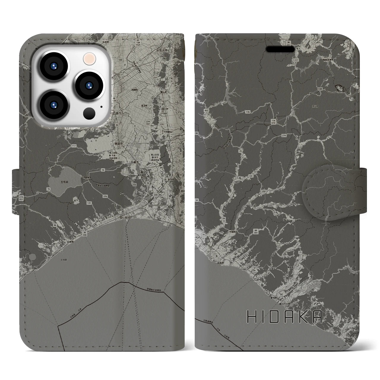 【日高(北海道)】地図柄iPhoneケース(手帳タイプ)モノトーン・iPhone 13 Pro 用