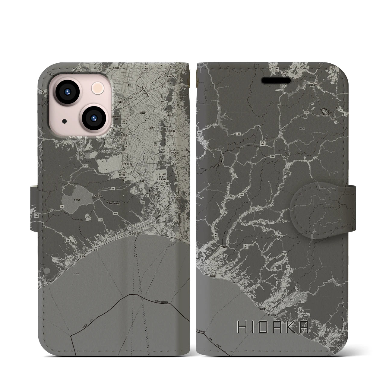 【日高(北海道)】地図柄iPhoneケース(手帳タイプ)モノトーン・iPhone 13 mini 用