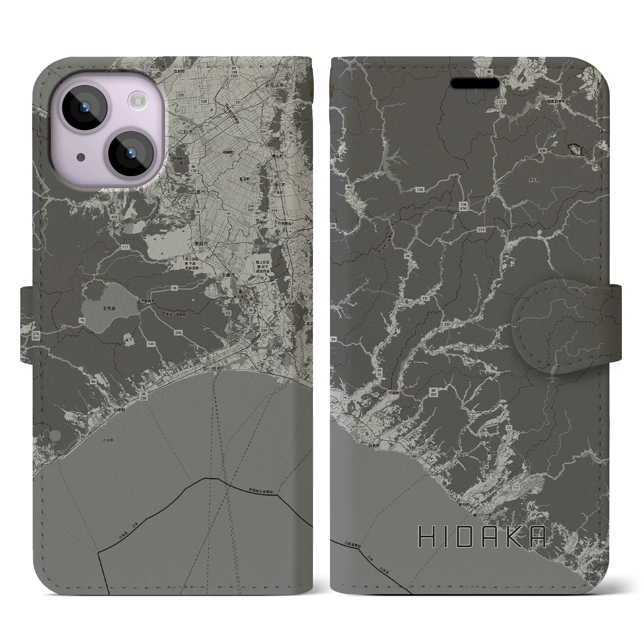 【日高(北海道)】地図柄iPhoneケース(手帳タイプ)モノトーン・iPhone 14 用