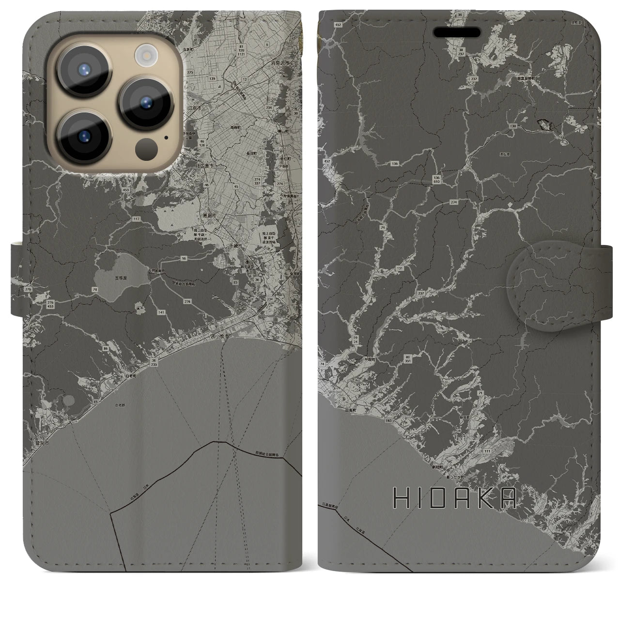 【日高(北海道)】地図柄iPhoneケース(手帳タイプ)モノトーン・iPhone 14 Pro Max 用