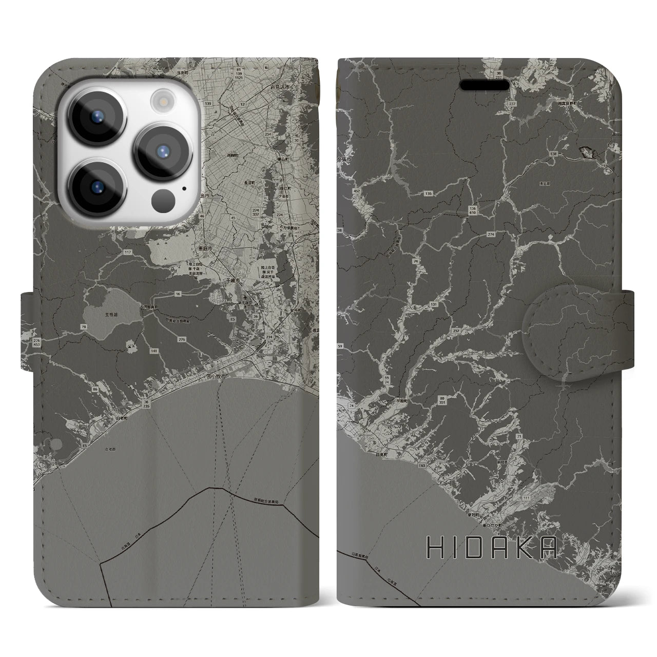 【日高(北海道)】地図柄iPhoneケース(手帳タイプ)モノトーン・iPhone 14 Pro 用